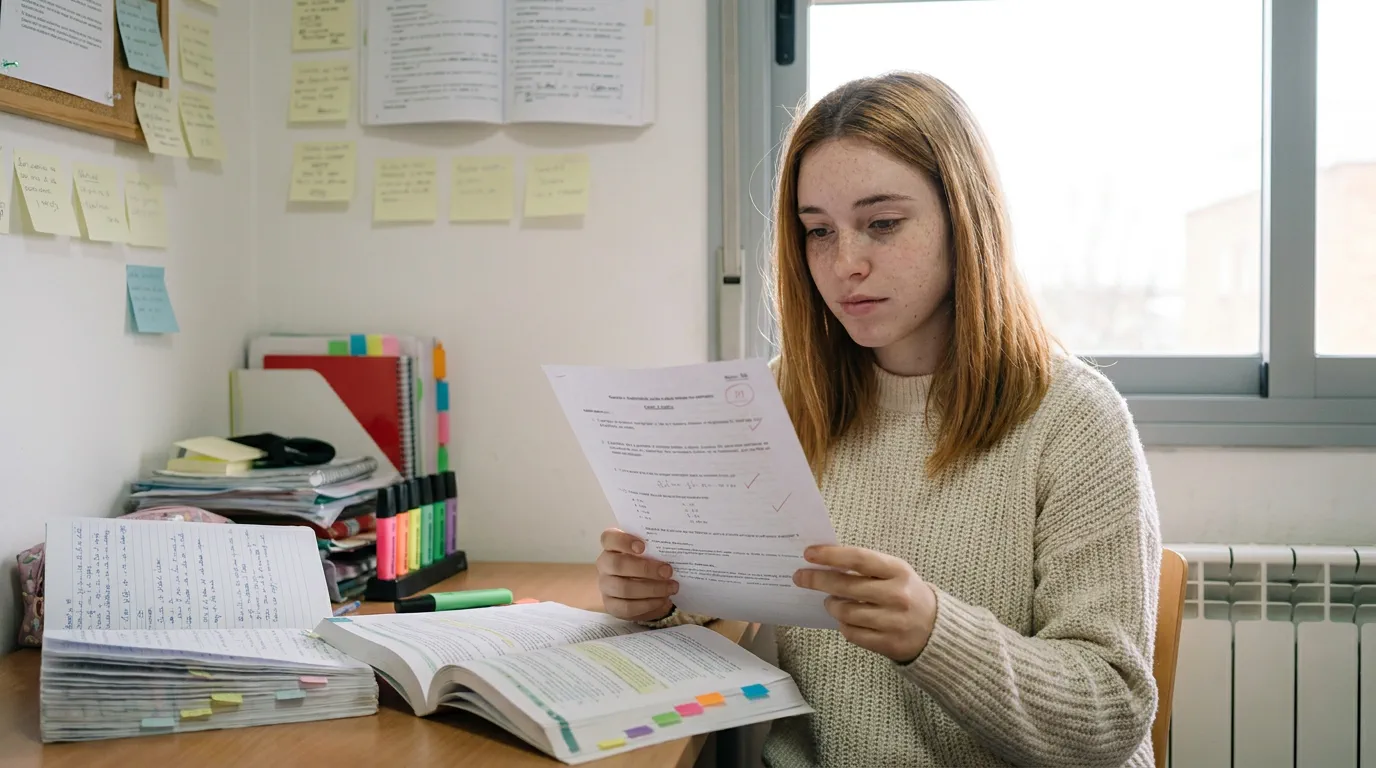 Clara mira un examen corregido rodeada de tres libros abiertos, una pila de apuntes a mano y una pared de notas adhesivas.