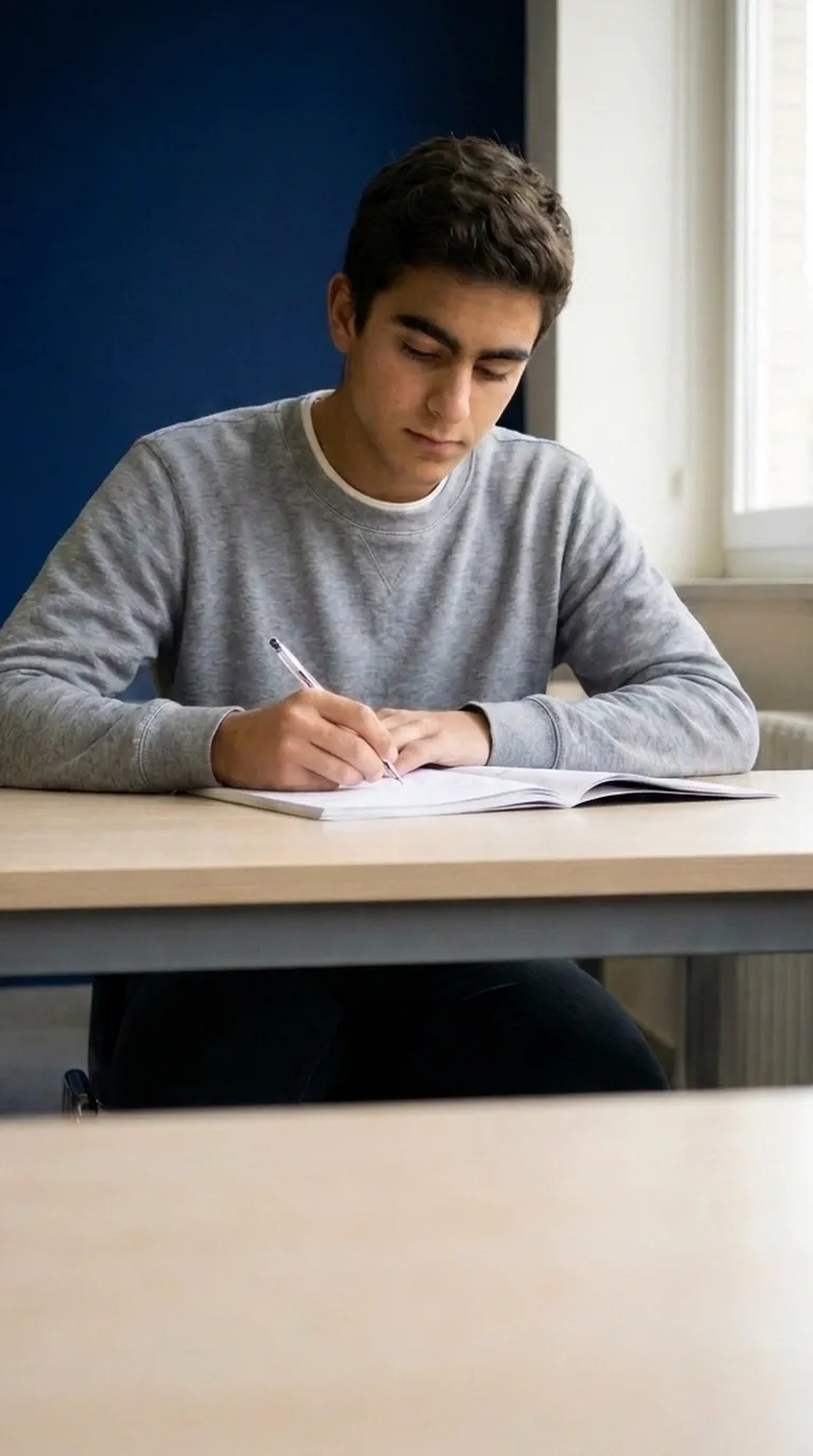 Un estudiante escribe en su cuaderno junto a la ventana de una sala de estudio en penumbra.