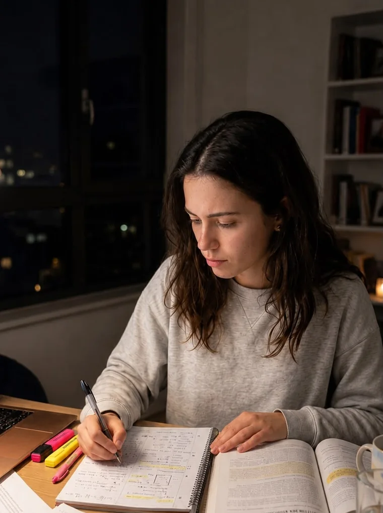 Retrato de Claudia escribiendo de noche, con la ventana de la ciudad detrás y los apuntes sobre la mesa.