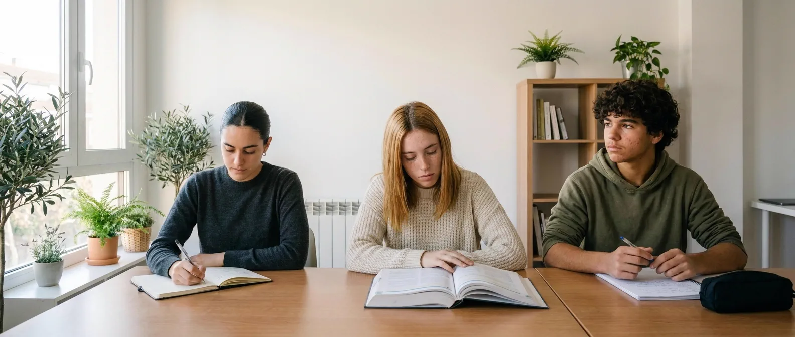 Tres estudiantes trabajan en la misma mesa de una sala de estudio: una escribe concentrada, otra se inclina sobre un libro y el tercero mira fuera de plano.